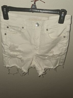 American Eagle Outfitters Cream Distressed Cutoff Denim Shorts
